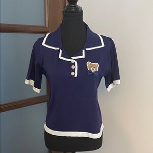 Women's Navy Blue Polo Top with Bear Patch